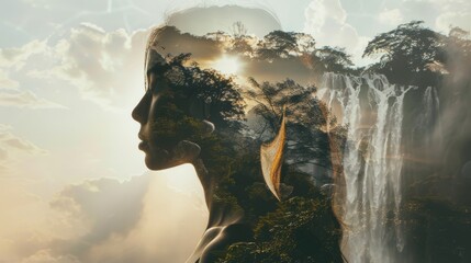 Poster - A double exposure showcasing a womans face superimposed in front of a powerful waterfall. The waterfall cascades down, creating a stunning backdrop for the transparent image of the womans face.