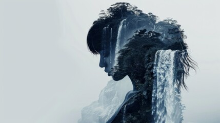Poster - A woman's face is shown in a watercolor style, with a waterfall in the background. The image has a dreamy, ethereal quality to it, with the waterfalls