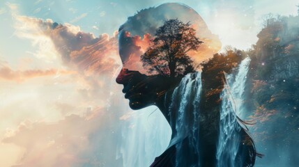 Poster - A mans face is in the foreground, with a majestic waterfall flowing in the background. The mans expression is neutral as he gazes towards the waterfall.