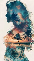 Poster - A side view of a womans face in front of a backdrop of palm trees. The woman is the main focus of the profile, with the palm trees softly blending in the background.