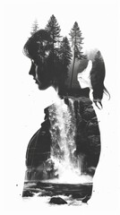 Poster - A person stands in front of a majestic waterfall, captured in black and white. The contrast between the human figure and the powerful natural element creates a striking visual impact.