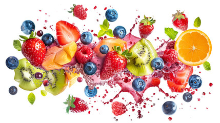 Fruit and berries burst.Splash of juice.Sweet tropical fruits and mixed berries. 