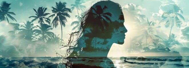 Poster - A woman's silhouette is shown in a tropical setting with palm trees. Concept of relaxation and tranquility, as the woman is enjoying the beauty of the ocean and the surrounding environment