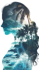 Poster - A womans silhouette in profile against a backdrop of tall palm trees. The palm trees stand tall and leafy behind the woman, creating a striking contrast against the sky.