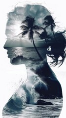 Poster - A close-up of a womans face with a palm tree in the background, creating a striking double exposure effect.