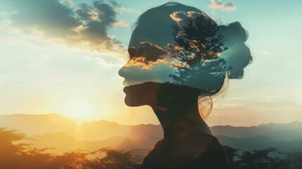 Poster - A womans head is featured prominently in the center of the image. In the background, a vast blue sky with fluffy clouds is visible, creating a striking contrast against the womans silhouette.