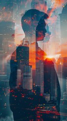 Poster - A man is standing against the backdrop of a bustling city skyline in a visually layered double exposure composition. The merging of the man and urban landscape creates a dynamic and modern visual effe