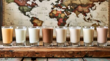 Wall Mural - A row of glasses with different colored milks lined up on a wooden table
