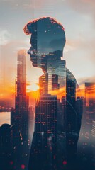 Poster - A man is depicted in a double exposure photo against a cityscape backdrop. The image merges the outline of the person with the urban environment, creating a striking visual effect.