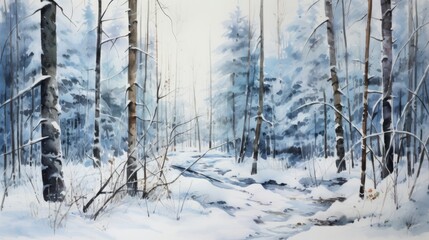 Poster - Generative AI A breathtaking, snow-covered forest in winter. landscape watercolor