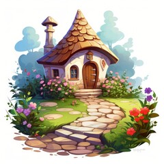 Poster - Generative AI A picturesque small house with a colorful flower bed and a winding stone pathway.