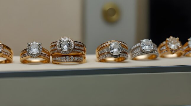 Wedding rings on display in luxury jewellery store close up.generative.ai
