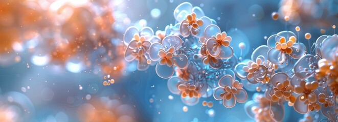 Poster - A blue and orange flower bouquet with a lot of small flowers. The flowers are floating in the air and the background is blue