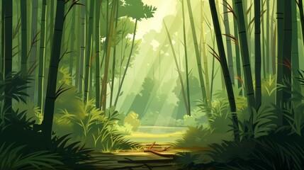 Wall Mural - Generative AI A serene bamboo forest with tall stalks and filtered sunlight.