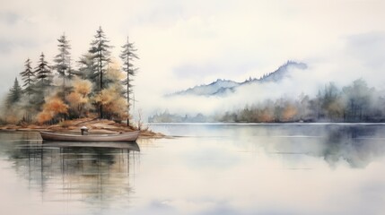 Poster - Generative AI A serene, fog-covered lake with a lone boat drifting landscape watercolor