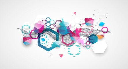 Poster - Abstract wave with colorful hexagons and plexus effect. Scientific and technological background. Vector.