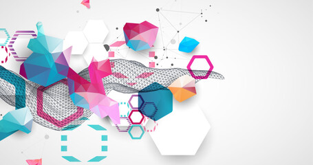 Poster - Abstract wave with colorful hexagons and plexus effect. Scientific and technological background. Vector.