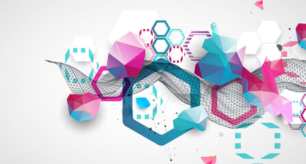 Poster - Abstract wave with colorful hexagons and plexus effect. Scientific and technological background. Vector.