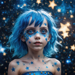 Wall Mural - Blue Haired Little Star Girl With Blue Stars On Body In A Beautiful Universe