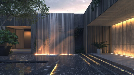 Minimalist cubic house with a dramatic entrance featuring a cascading water wall and ambient lighting.