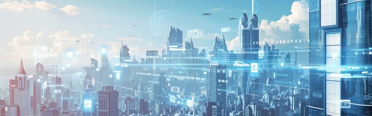 Aufkleber - A futuristic city with towering skyscrapers reaching towards the clear blue sky. The skyline is filled with modern architecture, reflecting the advancements of technology and design in urban environme
