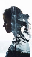 Poster - A womans face is seen reflected in the rippling water, creating a double exposure effect. The image captures the contrast between the clarity of her facial features and the fluidity of the water.