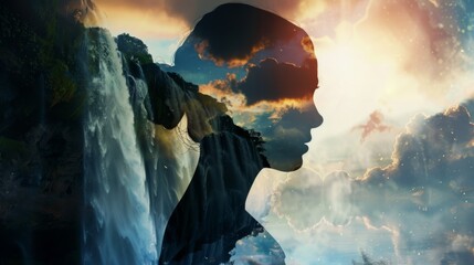 Poster - A person is standing in front of a mighty waterfall, admiring its powerful rush of water cascading down the rocks. The individual appears small in comparison to the grandeur of the natural wonder.