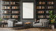 A mockup of an empty black frame on the wall in a modern reading room with armchairs and bookshelves