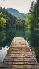 Poster - A wooden bridge spans a river in a forest. The water is calm and the trees are lush and green. The scene is peaceful and serene, with the bridge serving as a connection between the land and the water