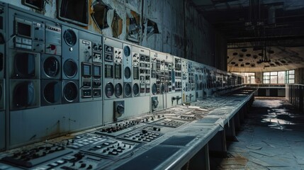 Poster - Generative AI Inside the control room at Chernobyl, control panels, abandoned consoles, eerie lighting, detailed linework, atmospheric scene