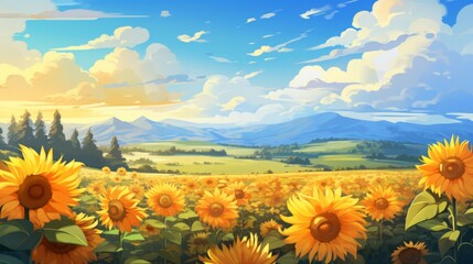 Poster - Generative AI A tranquil, misty morning in a field of sunflowers.
