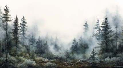 Poster - Generative AI Mysterious fog-covered forests. aquarelle