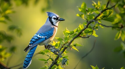 Fototapete - A blue American Blue Jay bird is perched on a high tree branch, observing its surroundings.