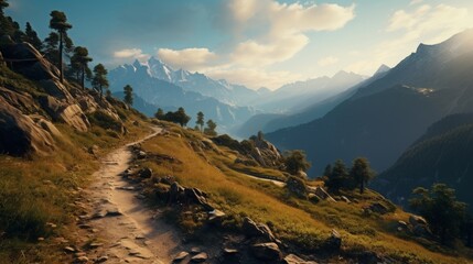 Poster - Generative AI A winding mountain trail leading to a breathtaking overlook, offering panoramic views of valleys and peaks.