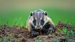 A close-up view of an American badger, a small animal, digging in the dirt for grubs.