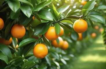 Ripe oranges hanging on a tree in the garden of an orange plantation.