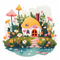 Poster - Generative AI A charming fairytale dwelling showcasing a tiny pond and a blossoming garden.