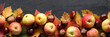 autumn banner with leaves and apples on a black surface, top view.