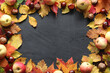 autumn frame with fallen leaves, chestnuts and apples on a black surface, top view. flat layout, copy space.