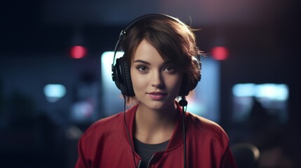 Poster - Generative AI Portrait of a journalist in a broadcast studio, with headphones on, preparing for a live report, professional demeanor