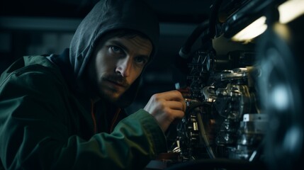 Poster - Generative AI Portrait of an auto mechanic using a diagnostic scanner, checking vehicle systems, advanced technology in a workshop