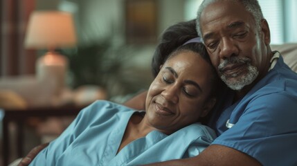 Poster - A man and woman are hugging each other in a living room. The woman is wearing a blue uniform and the man is wearing a blue shirt. Scene is warm and affectionate