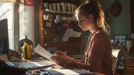 Poster - A woman is seated at a desk, engrossed in a book she is reading. She appears focused and concentrated on the words within the pages.