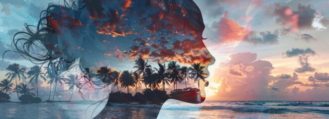 Poster - A double exposure featuring a womans face overlaid with a sunset in the background. The sun setting on the horizon blends with the contours of the womans face, creating a unique and artistic effect.