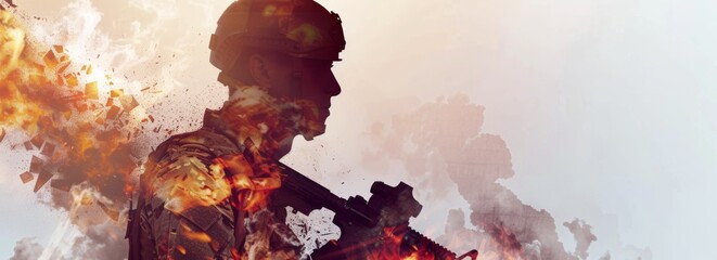 Aufkleber - A man in a military uniform is holding a gun and standing in front of a fire. Concept of danger and chaos, as the man is surrounded by flames and smoke