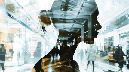 Aufkleber - A unique double exposure showing the face of a woman superimposed with a busy shopping mall scene. The womans features blend with the diverse elements of the mall, creating a visually intriguing compo