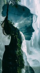 Poster - A painting depicting the profile of a womans face in the foreground with a majestic waterfall cascading in the background. The womans features are detailed, as the waterfall adds depth and dimension t