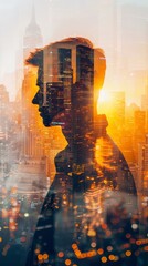 Poster - A double exposure featuring a mans face superimposed over a cityscape. The mans facial features blend with the urban background creating a unique visual effect.
