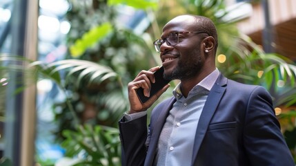 Poster - A man in formal attire, a suit, is engaged in a phone conversation while standing in an urban setting. He appears focused and attentive as he communicates on his cellphone.