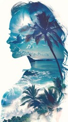 Aufkleber - A close-up profile of a woman set against a backdrop of tall palm trees and the vast ocean. The outline of the woman contrasts with the natural elements in the scenery.